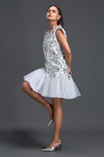 Buy Deepika Arora White Net, Leather, Ponte Roma Round Neck Floral Applique Dress With Top Online at Aza Fashions Buy_Deepika Arora_White Net, Leather, Ponte Roma Round Neck Floral Applique Dress With Top _Online_at_Aza_Fashions