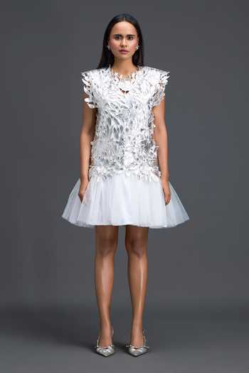 Shop Deepika Arora White Net, Leather, Ponte Roma Round Neck Floral Applique Dress With Top Online at Aza Fashions Shop_Deepika Arora_White Net, Leather, Ponte Roma Round Neck Floral Applique Dress With Top _Online_at_Aza_Fashions