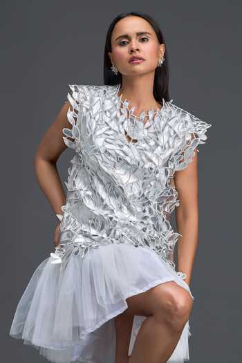 Deepika Arora White Net, Leather, Ponte Roma Round Neck Floral Applique Dress With Top at Aza Fashions Deepika Arora_White Net, Leather, Ponte Roma Round Neck Floral Applique Dress With Top _at_Aza_Fashions