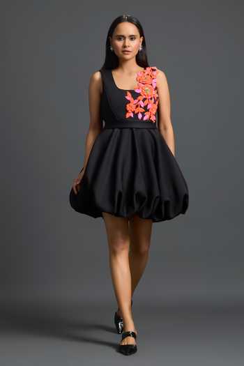 Deepika Arora_Black Scuba Square Neck Floral Embroidered Dress _Online_at_Aza_Fashions