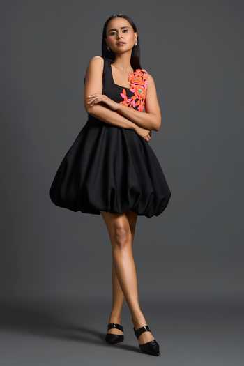 Buy_Deepika Arora_Black Scuba Square Neck Floral Embroidered Dress _Online_at_Aza_Fashions