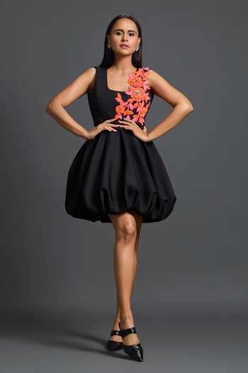 Shop_Deepika Arora_Black Scuba Square Neck Floral Embroidered Dress _Online_at_Aza_Fashions