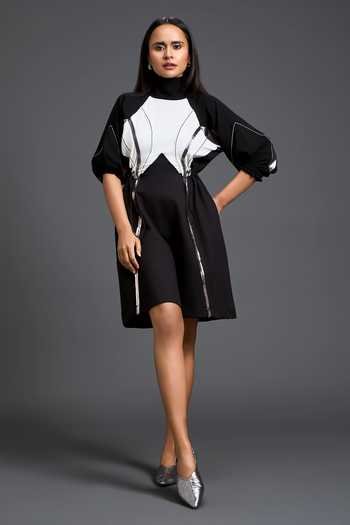 Shop Deepika Arora Black Leather High Neck Color Block Dress Online at Aza Fashions Shop_Deepika Arora_Black Leather High Neck Color Block Dress _Online_at_Aza_Fashions