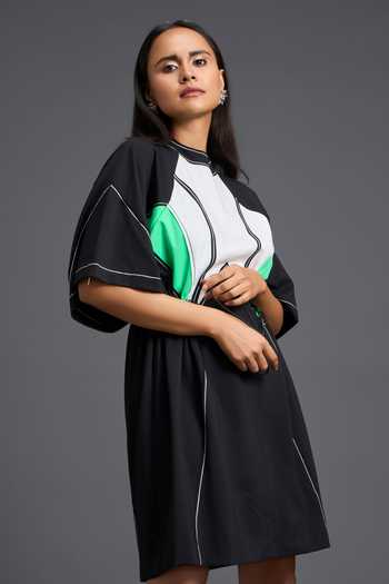 Deepika Arora_Black Leather High Neck Color Block Panelled Dress _at_Aza_Fashions