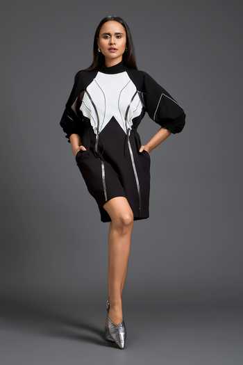 Deepika Arora Black Leather, Ponte Roma High Neck Color Block Playsuit Online at Aza Fashions Deepika Arora_Black Leather, Ponte Roma High Neck Color Block Playsuit _Online_at_Aza_Fashions