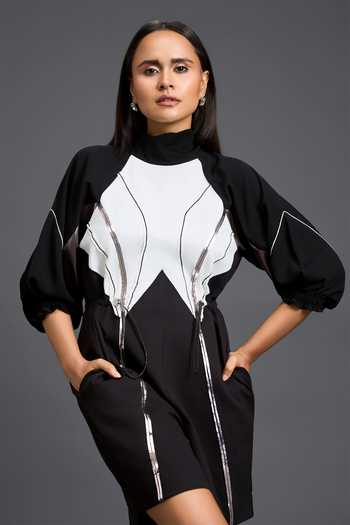 Deepika Arora Black Leather, Ponte Roma High Neck Color Block Playsuit at Aza Fashions Deepika Arora_Black Leather, Ponte Roma High Neck Color Block Playsuit _at_Aza_Fashions