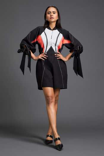Buy_Deepika Arora_Black Leather Mandarin Collar Color Block Panelled Playsuit _Online_at_Aza_Fashions