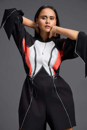 Deepika Arora_Black Leather Mandarin Collar Color Block Panelled Playsuit _at_Aza_Fashions