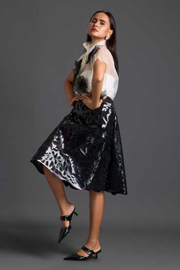 Deepika Arora_Black Faux Leather, Ponte Roma High Neck, Embroidered Sheer Top And Skirt Set _Online_at_Aza_Fashions