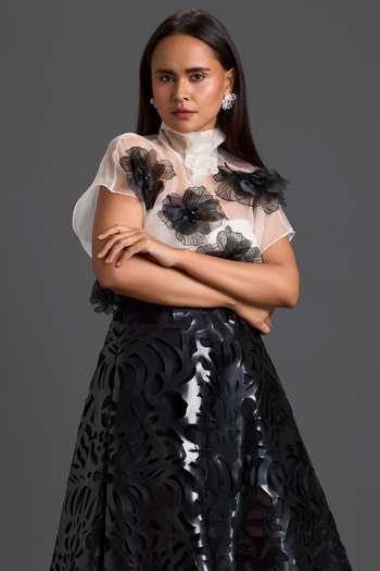 Shop_Deepika Arora_Black Faux Leather, Ponte Roma High Neck, Embroidered Sheer Top And Skirt Set _Online_at_Aza_Fashions