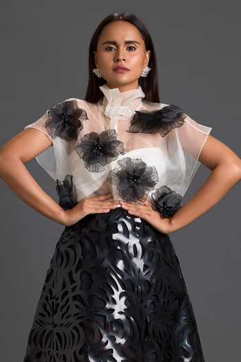 Deepika Arora_Black Faux Leather, Ponte Roma High Neck, Embroidered Sheer Top And Skirt Set _at_Aza_Fashions