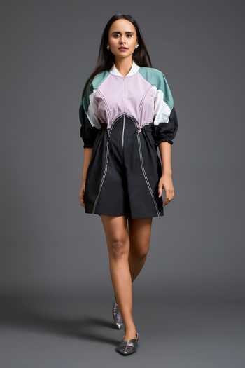 Deepika Arora Green Collared Neck Color Block Playsuit Online at Aza Fashions Deepika Arora_Green Collared Neck Color Block Playsuit _Online_at_Aza_Fashions