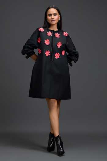 Deepika Arora_Black Leather Round Neck Floral Patchwork Embroidered Dress _Online_at_Aza_Fashions