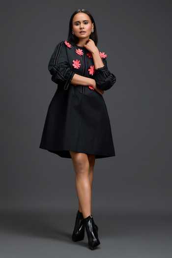 Buy_Deepika Arora_Black Leather Round Neck Floral Patchwork Embroidered Dress _Online_at_Aza_Fashions