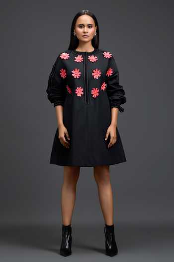 Deepika Arora_Black Leather Round Neck Floral Patchwork Embroidered Dress _at_Aza_Fashions