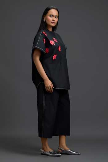 Shop Deepika Arora Black Leather Mandarin Collar Floral Patchwork Embroidered Top And Pant Set Online at Aza Fashions Shop_Deepika Arora_Black Leather Mandarin Collar Floral Patchwork Embroidered Top And Pant Set _Online_at_Aza_Fashions