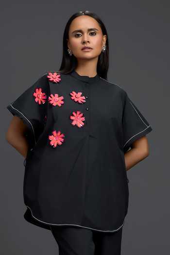 Buy Deepika Arora Black Leather Mandarin Collar Floral Patchwork Embroidered Top And Pant Set Buy_Deepika Arora_Black Leather Mandarin Collar Floral Patchwork Embroidered Top And Pant Set
