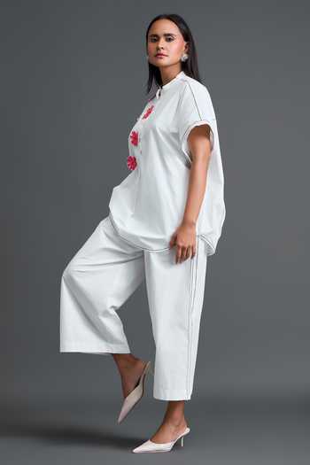 Shop Deepika Arora White Leather Mandarin Collar Floral Patchwork Embroidered Top With Pant Online at Aza Fashions Shop_Deepika Arora_White Leather Mandarin Collar Floral Patchwork Embroidered Top With Pant _Online_at_Aza_Fashions