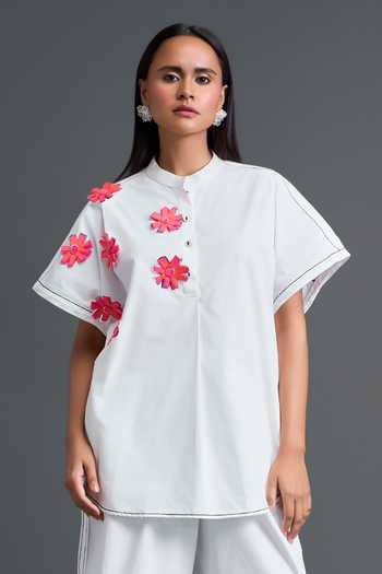 Buy Deepika Arora White Leather Mandarin Collar Floral Patchwork Embroidered Top With Pant Buy_Deepika Arora_White Leather Mandarin Collar Floral Patchwork Embroidered Top With Pant