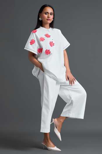 Deepika Arora White Leather Mandarin Collar Floral Patchwork Embroidered Top at Aza Fashions Deepika Arora_White Leather Mandarin Collar Floral Patchwork Embroidered Top _at_Aza_Fashions