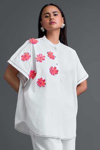 Buy Deepika Arora White Leather Mandarin Collar Floral Patchwork Embroidered Top Buy_Deepika Arora_White Leather Mandarin Collar Floral Patchwork Embroidered Top