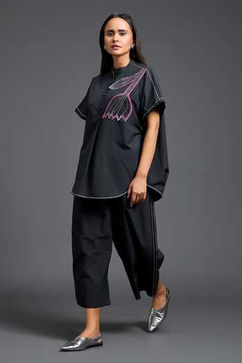 Shop Deepika Arora Black Leather Mandarin Collar Floral Patchwork Top With Pant Online at Aza Fashions Shop_Deepika Arora_Black Leather Mandarin Collar Floral Patchwork Top With Pant _Online_at_Aza_Fashions