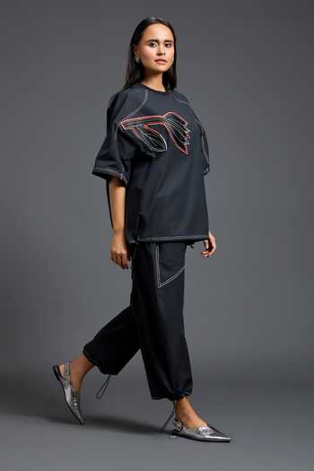 Deepika Arora Black Leather Round Neck Floral Embroidered Top And Pant Set at Aza Fashions Deepika Arora_Black Leather Round Neck Floral Embroidered Top And Pant Set _at_Aza_Fashions