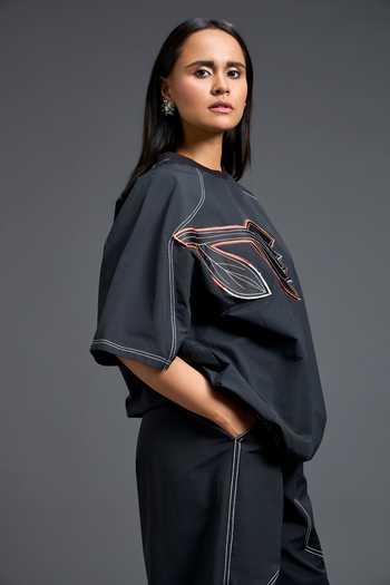 Deepika Arora Black Leather Round Neck Applique Work Top at Aza Fashions Deepika Arora_Black Leather Round Neck Applique Work Top _at_Aza_Fashions