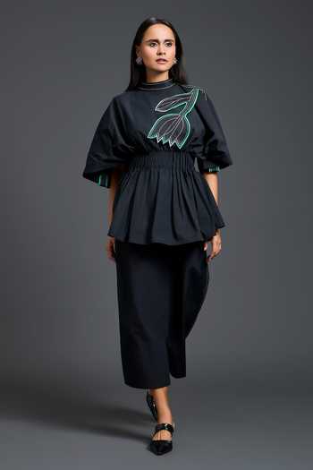 Buy Deepika Arora Black Leather High Neck Smocked Peplum Top And Pant Set Online at Aza Fashions Buy_Deepika Arora_Black Leather High Neck Smocked Peplum Top And Pant Set _Online_at_Aza_Fashions