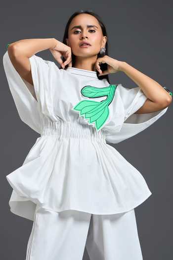 Buy Deepika Arora White Leather High Neck Floral Patchwork Peplum Top With Pant Buy_Deepika Arora_White Leather High Neck Floral Patchwork Peplum Top With Pant