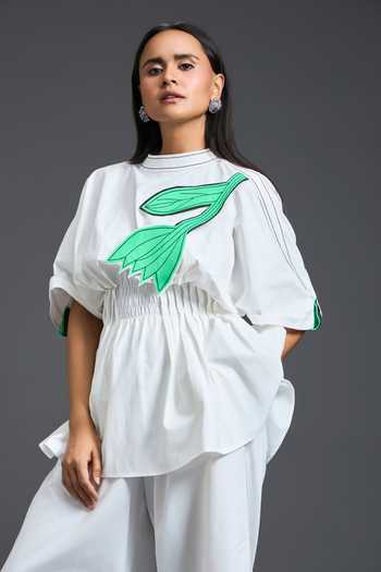 Deepika Arora White Leather High Neck Flower Patchwork Top at Aza Fashions Deepika Arora_White Leather High Neck Flower Patchwork Top _at_Aza_Fashions