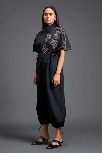 Deepika Arora_Black Leather High Neck Thread Embroidered Jumpsuit _Online_at_Aza_Fashions
