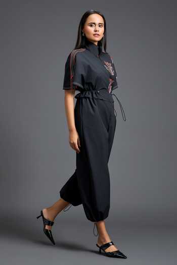 Buy_Deepika Arora_Black Leather High Neck Thread Embroidered Jumpsuit _Online_at_Aza_Fashions