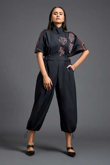 Shop_Deepika Arora_Black Leather High Neck Thread Embroidered Jumpsuit _Online_at_Aza_Fashions