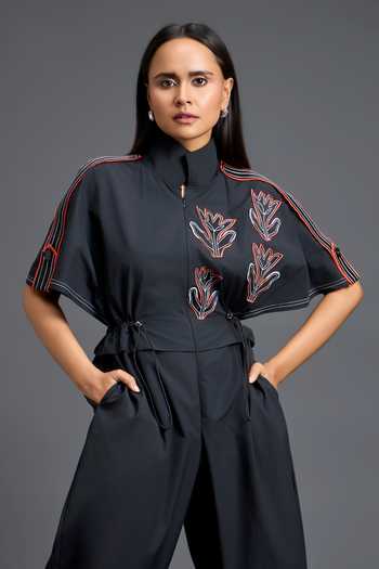 Deepika Arora_Black Leather High Neck Thread Embroidered Jumpsuit _at_Aza_Fashions