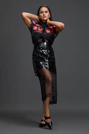 Deepika Arora Black Organza, Ponte Roma High Neck Embroidered Top And Skirt Set Online at Aza Fashions Deepika Arora_Black Organza, Ponte Roma High Neck Embroidered Top And Skirt Set _Online_at_Aza_Fashions