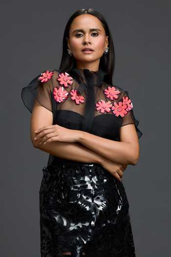 Deepika Arora Black Organza, Ponte Roma High Neck Embroidered Top And Skirt Set at Aza Fashions Deepika Arora_Black Organza, Ponte Roma High Neck Embroidered Top And Skirt Set _at_Aza_Fashions