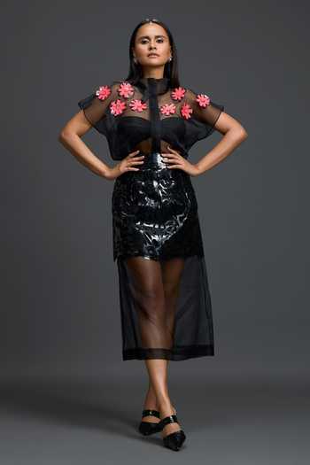Shop Deepika Arora Black Organza, Ponte Roma Laser-cut Skirt Online at Aza Fashions Shop_Deepika Arora_Black Organza, Ponte Roma Laser-cut Skirt _Online_at_Aza_Fashions