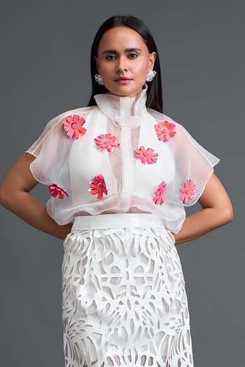 Buy_Deepika Arora_White Organza, Leather High Neck, Halter Embroidered Layered Top And Skirt Set _Online_at_Aza_Fashions