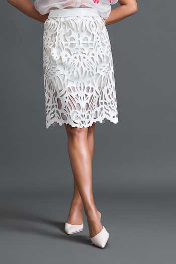 Deepika Arora White Organza, Leather Laser Cut Skirt Online at Aza Fashions Deepika Arora_White Organza, Leather Laser Cut Skirt _Online_at_Aza_Fashions