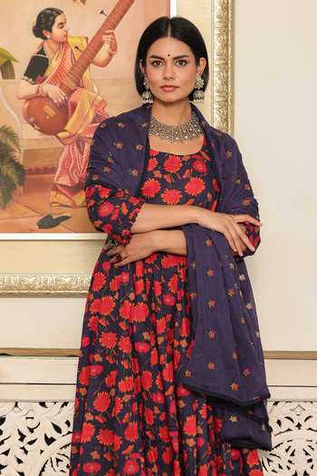 Shop Gulabo Jaipur Blue Pure Cotton, Cotton, Doriya Scoop Neck Suhana Printed Anarkali Set Online at Aza Fashions Shop_Gulabo Jaipur_Blue Pure Cotton, Cotton, Doriya Scoop Neck Suhana Printed Anarkali Set _Online_at_Aza_Fashions