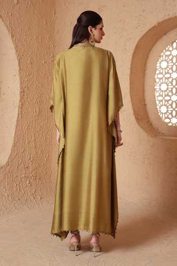 Shop Label Niti Bothra Olive Green Silk V-neck Zardozi Neckline Embroidered Kaftan at Aza Fashions Shop_Label Niti Bothra_Olive Green Silk V-neck Zardozi Neckline Embroidered Kaftan _at_Aza_Fashions