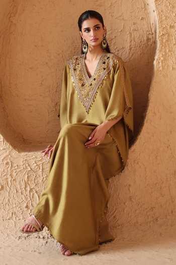 Buy Label Niti Bothra Olive Green Silk V-neck Zardozi Neckline Embroidered Kaftan Online at Aza Fashions Buy_Label Niti Bothra_Olive Green Silk V-neck Zardozi Neckline Embroidered Kaftan _Online_at_Aza_Fashions