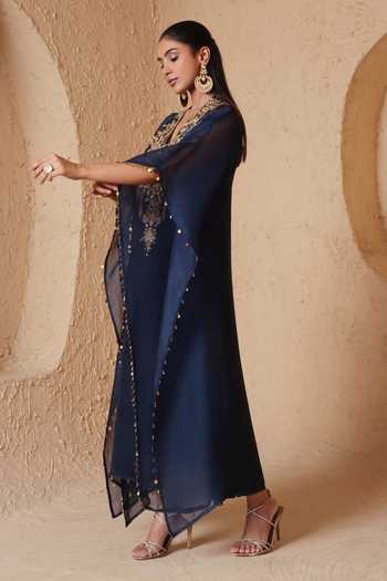 Label Niti Bothra Blue Organza V-neck Zardozi Embroidered Kaftan Online at Aza Fashions Label Niti Bothra_Blue Organza V-neck Zardozi Embroidered Kaftan _Online_at_Aza_Fashions