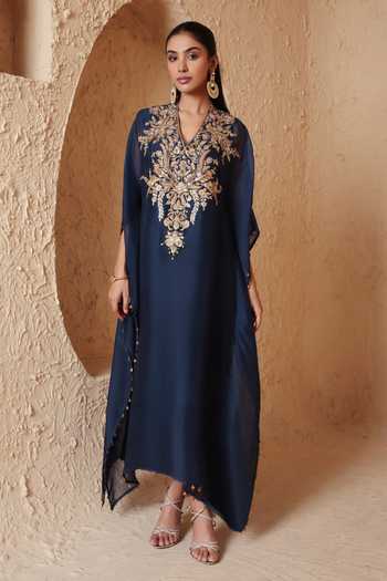 Buy Label Niti Bothra Blue Organza V-neck Zardozi Embroidered Kaftan Online at Aza Fashions Buy_Label Niti Bothra_Blue Organza V-neck Zardozi Embroidered Kaftan _Online_at_Aza_Fashions