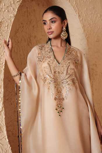 Shop Label Niti Bothra Ivory Organza V-neck Zardozi Embroidered Kaftan Online at Aza Fashions Shop_Label Niti Bothra_Ivory Organza V-neck Zardozi Embroidered Kaftan _Online_at_Aza_Fashions