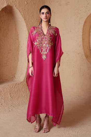 Label Niti Bothra_Pink Organza V-neck Resham Embroidered Kaftan _Online_at_Aza_Fashions