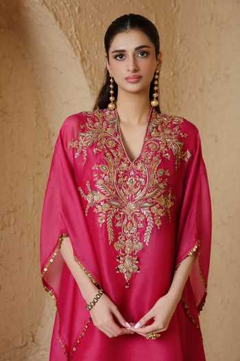 Shop_Label Niti Bothra_Pink Organza V-neck Resham Embroidered Kaftan _Online_at_Aza_Fashions
