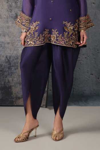 Label Niti Bothra Purple Silk, Organza, Tencel V-neck Embroidered Short Kurta Set Online at Aza Fashions Label Niti Bothra_Purple Silk, Organza, Tencel V-neck Embroidered Short Kurta Set _Online_at_Aza_Fashions