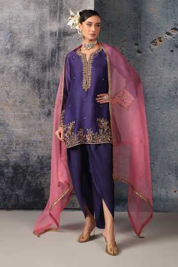 Buy Label Niti Bothra Purple Silk, Organza, Tencel V-neck Embroidered Short Kurta Set at Aza Fashions Buy_Label Niti Bothra_Purple Silk, Organza, Tencel V-neck Embroidered Short Kurta Set _at_Aza_Fashions